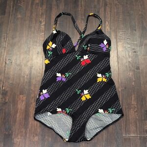 Vintage‎ Black Floral One Piece Swimsuit Womens Small Halter Cross Back Germany